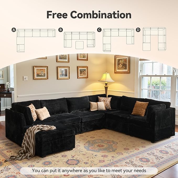 Large 7 Seat Modular Sectional Sofa with Ottoman Seat Corduroy Sleeper Sectional Sofa Bed Oversized Convertible Modular Couch for Living Room