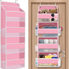 1 Pack Over The Door Organizer Hanging Storage Organizers with Clear Window 40lb Large Capacity Room Organizer for Pantry Laundry Bathroom Nursery Closet(Pink)