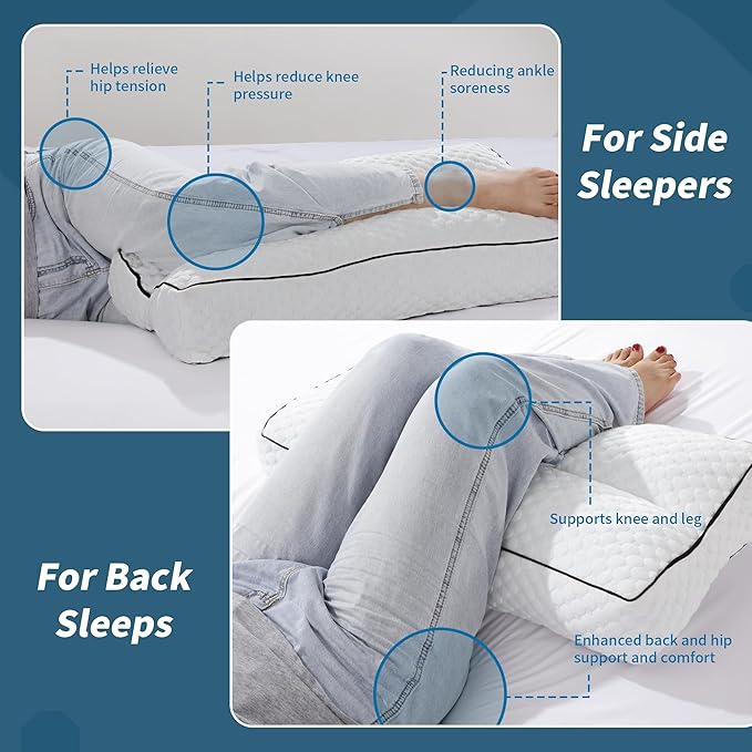 HOMBYS Shredded Memory Foam Knee Pillow for Side Sleepers, 6.5" Height Pillow Between Legs for Aligns Spine & Relieves Pressure Hip & Leg Elevation, Supportive Pillow for Pregnancy, Sciatica, White