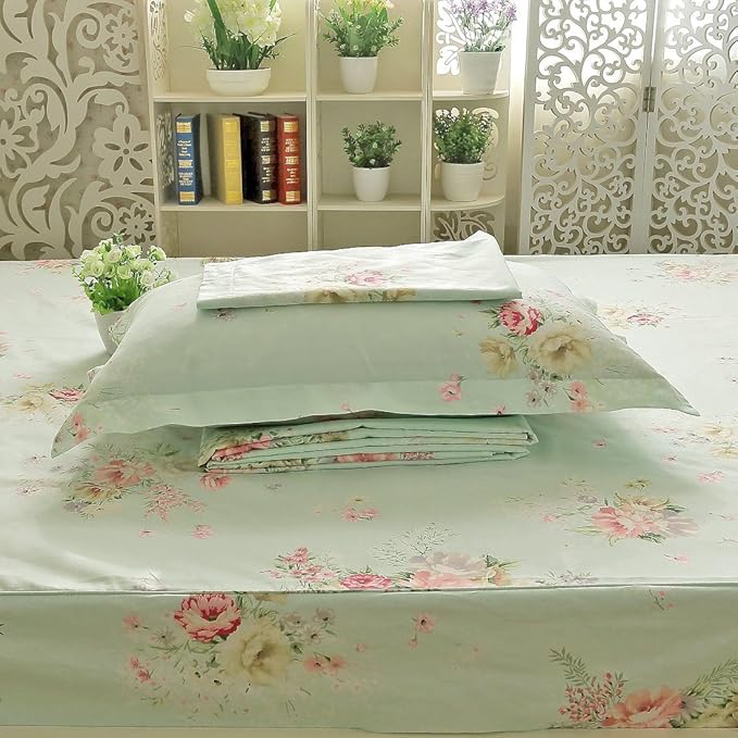 FADFAY Shabby Green Floral Bed Sheet Set Twin XL Cotton Sheets 4-Piece Twin Extra Long Size