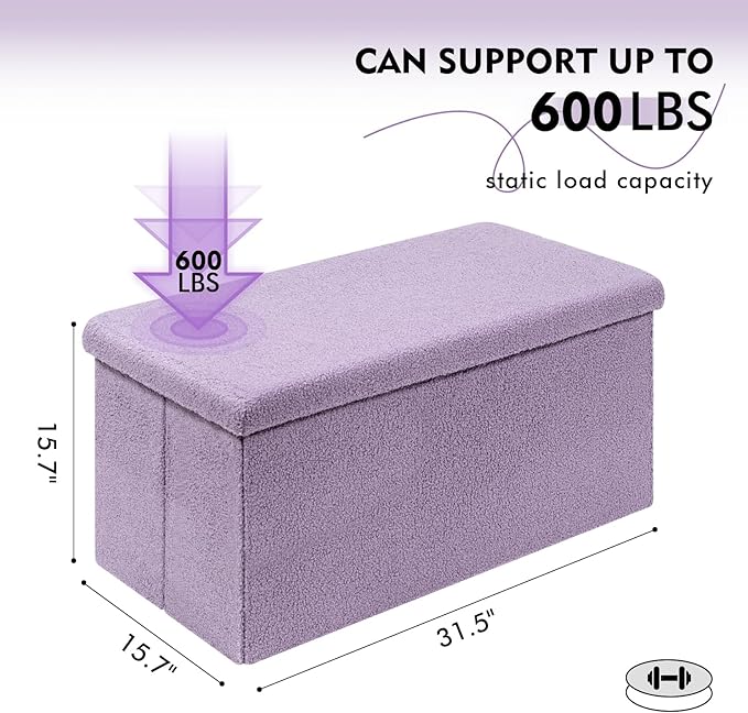 PINPLUS Folding Storage Ottoman Bench, Sherpa Ottoman with Storage, Large Long Shoes Bench Chest with Lid, Footrest for Living Room, Entryway, Purple, 31.5'' x 15.7'' x 15.7''