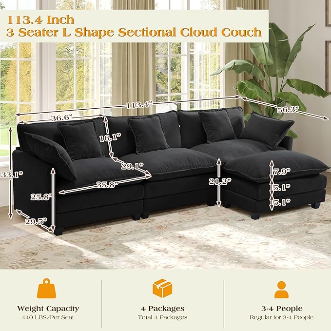 113.4" Modular Sectional Sofa,L Shaped Couch for Living Room,Modern Deep Seat Sofa 3 Seater Chenille Fabric Comfy Cloud Couches with Throw Pillows & Movable Ottoman