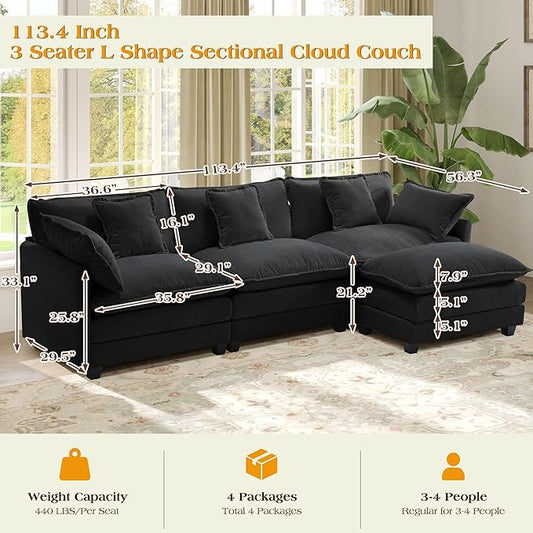 113.4" Modular Sectional Sofa,L Shaped Couch for Living Room,Modern Deep Seat Sofa 3 Seater Chenille Fabric Comfy Cloud Couches with Throw Pillows & Movable Ottoman