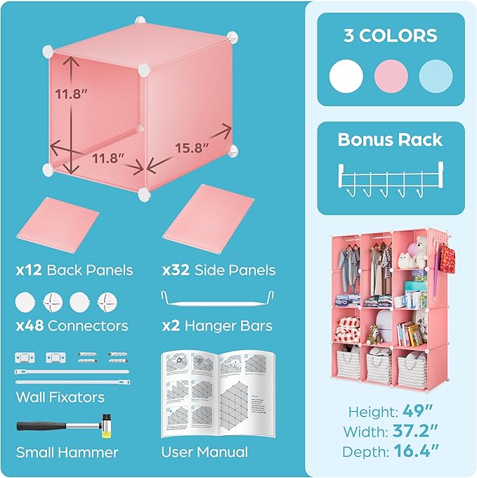 Baby Closet Organizer for Nursery - Durable Baby Wardrobe Armoire for Closet - Customizable Dresser Shelves - Waterproof Shelf Clothes Organizer w/Wall Fixation (Pink)