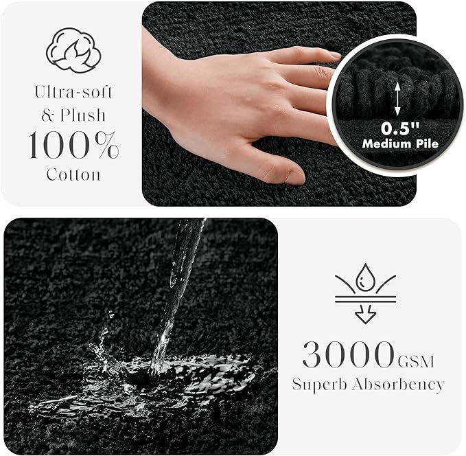 Madison Park Splendor Reversible 100% Cotton Tufted Bathroom Rug-3000 GSM Hotel Quality Luxurious Plush Medium Pile Bath Mat Absorbent, Quick Dry, Shower Room Décor, 24x72 Black
