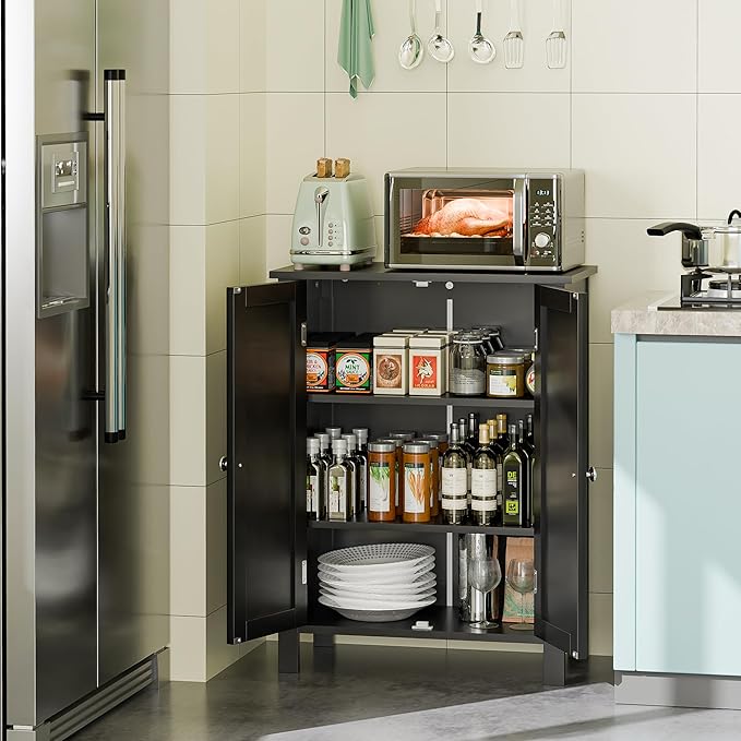 SUPER DEAL Modern Bathroom Floor Storage Cabinet with Adjustable Shelf and Double Door Rust Proof, Living Room Modern Home Furniture Storage Organizer Cabinet, Black