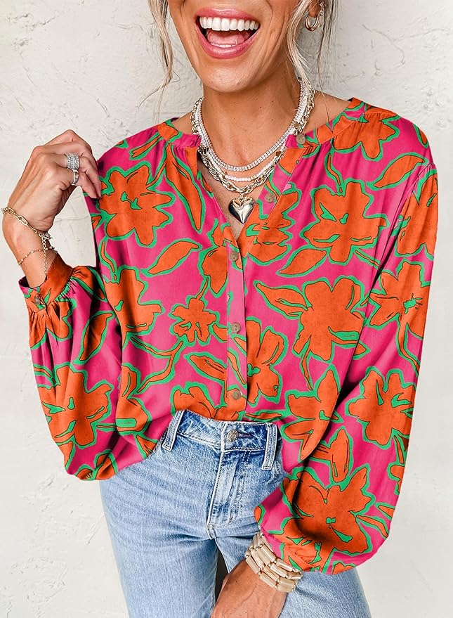 Astylish Womens 2026 Boho Floral Loose Spring Summer Tops Lantern Sleeve Flowy Blouses V Neck Button Down Shirts