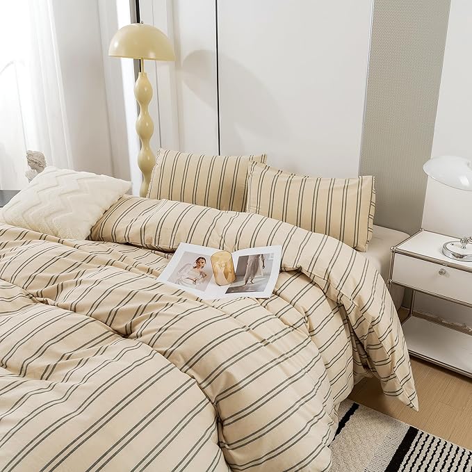 ECOCOTT Duvet Cover Oversized King Size - Linen Feel Organic Natural 100% Washed Cotton, Soft Breathable & Durable Bedding Set, Comfy Stripe Design for All Seasons