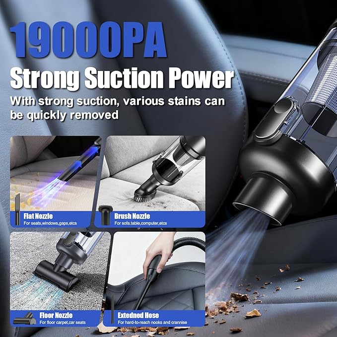 Car Vacuum Portable Cordless-19000 Pa 4 in 1 Handheld Vacuum Cordless Brushless Motor with LED Light and Multi-Nozzles, One-Touch dust Removal for Car, Home, Office, Pet, Black