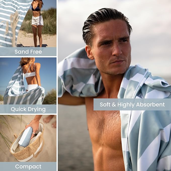 SummerSand Microfiber Beach Towel Extra Large (79 x 39.5 in) - Quick Dry, Sand Free - Compact and Lightweight for Travel - Recycled Materials - Travel Bag Incl - Oversized Pool Towel – Cloudy Blue