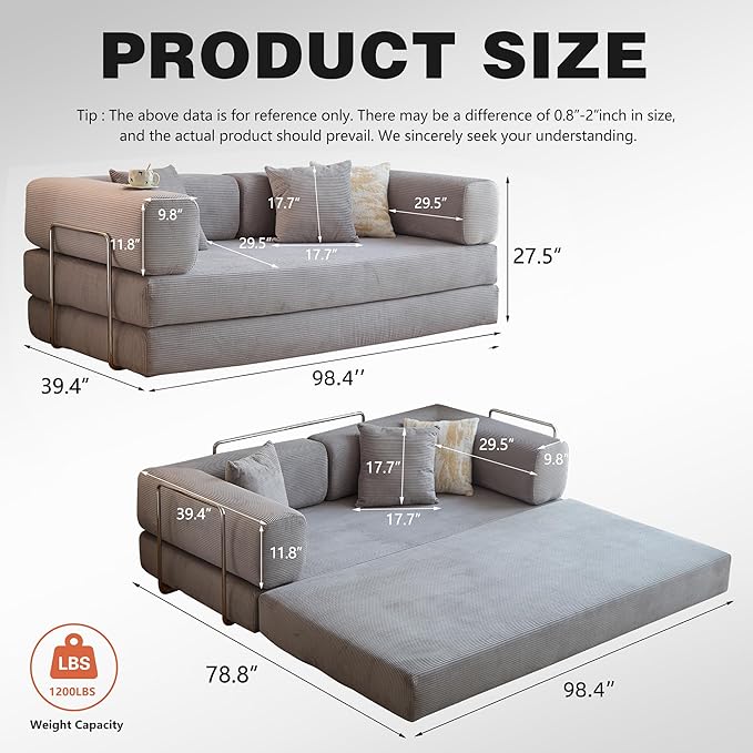 98.4" Convertible Sofa Bed - Compression Sofa with Corduroy Fabric - with Armrests and Backrest - Modular Sectional for Living Room, Bedroom, Studio - Compression Sofa in Box (Grey)