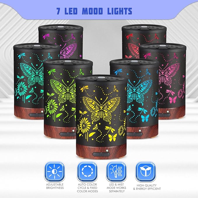 Metal Essential Oils Diffuser 150ML Christmas Aromatherapy Diffuser Cool Mist Humidifier with 7 Colors Lights Waterless Auto Off Air Diffusers as Gifts for Mom(Butterfly)