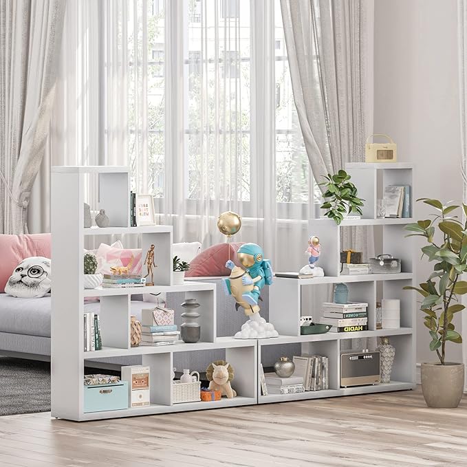 Tangkula 6 Cubes Bookshelf, Freestanding 6-Cube Stepped Etagere Bookcase, L Shaped Ladder Corner Open Bookshelf, Wood Storage Display Shelf for Living Room Home Office, 61 x 11.5 x 64 Inch (White)