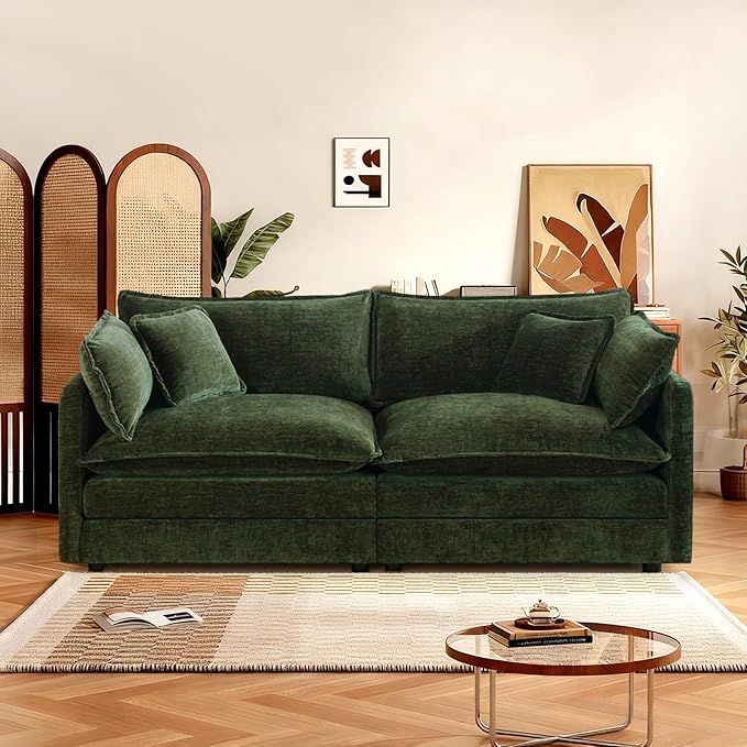 SoarFlash Chenille Sectional Sofa, Comfy Modular Loveseat Sofa, Modern 2-Seat Couch Deep Seat Sofa Set for Living Room,Green