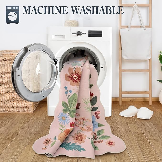Lahome Floral Washable Rugs, 4X6 Pink Rugs for Bedroom Girls Ultra-Thin Soft Living Room Rug, Non-Slip Stain Resistant Boho Throw Carpet for ‎Nursery Office, Light Pink