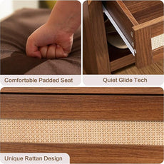 Rattan Shoe Bench Entryway Bench with Storage Drawer and Linen Seat Cushion, Farmhouse Boho Shoe Rack Bench, Wooden Storage Bench for Entryway Hallway and Bedroom - Oak