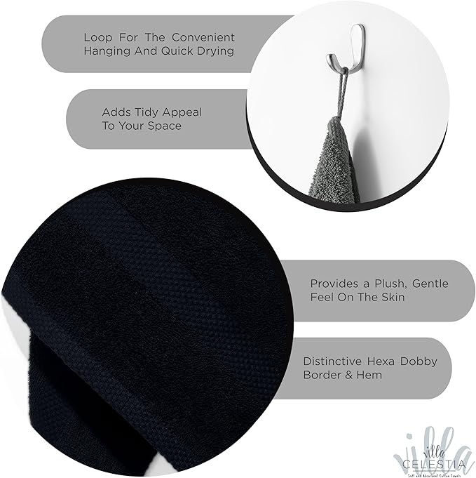 100% Cotton Hand Towel Set of 4, (16 x 28 inches) Sustainable, Soft, Highly Absorbent, Quick Drying, Combed Cotton Hand Towels Pack of 4 Ideal for Hotels, Spa, Bathroom, Dorm, Black
