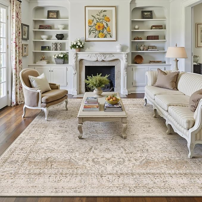 8x10 Washable Beige Area Rug Vintage Living Room Bedroom Carpet Non-Slip Soft Low Pile Distressed Indoor Large Throw Rug for Dining Room Office