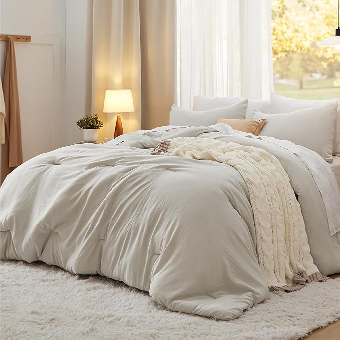 Bedsure Oversized Queen Size Comforter Set, Beige Soft Prewashed Bedding for All Seasons, 3 Pieces GentleSoft™ Down Alternative Bed Set, 1 Lightweight Comforter (98"x98") and 2 Pillowcases (20"x26")