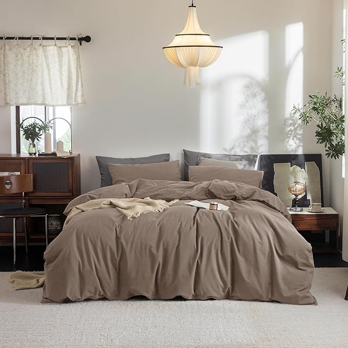 FOSSA Duvet Cover Set 100% Washed Cotton Linen Feel Super Soft Breathable Cozy 3 Pieces Bedding Sets Solid Pale Brown Super King Plus