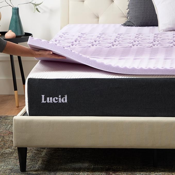 LUCID Lavender Infused 2 Inch Memory Foam Mattress Topper with 5 Zones – Queen Size – Plush Feel – CertiPUR Certified – Dorm Room Essentials