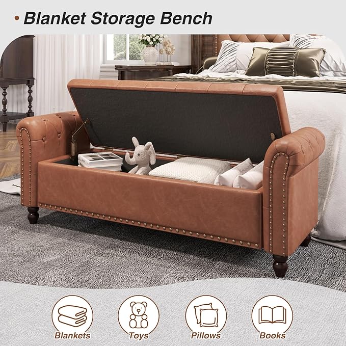 55 Inch Bedroom Storage Bench, Faux Leather End of Bed Bench with Storage, Upholstered Ottoman Foot Rest with Rolled Arms for Bedroom, Living Room, Apartment, Brown