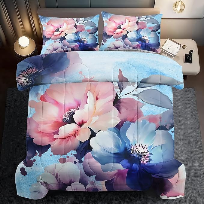 Pink Floral Comforter Set Full Size Girls Blue Flower Comforter Comen Western Boho Bedding Set Full Blue Floral Bedding Boho Bedroom Decor Teen Girls