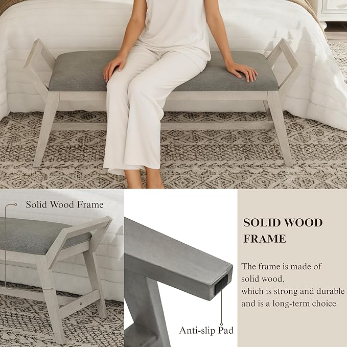 51" End of Bed Bench, Entryway Bench with Solid Wood Frame Fabric Upholstered Ottoman Bench for Bedroom/Entry/Hallway/Living Room, Chenille Grey