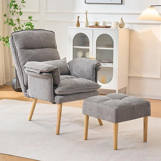 Modern Adjustable Accent Chair with Ottoman, Soft Fabric Reading Chair with Adjustable Backrest and Pillow, Comfy Lounge Chair with Armrests for Living Room, Bedroom, Apartment, Office, Dorm,Grey