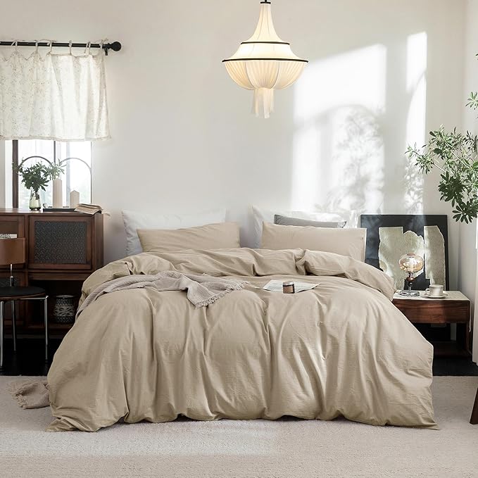 FOSSA Duvet Cover Set 100% Washed Cotton Linen Feel Super Soft Breathable Cozy 3 Pieces Bedding Sets Solid Light Khaki King