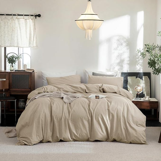 FOSSA Duvet Cover Set 100% Washed Cotton Linen Feel Super Soft Breathable Cozy 3 Pieces Bedding Sets Solid Light Khaki King