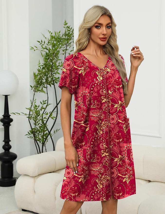 Ekouaer Women Robe Zipper Front Mumu Duster Robes Zip Up Housecoat Soft Sleepwear with Pockets