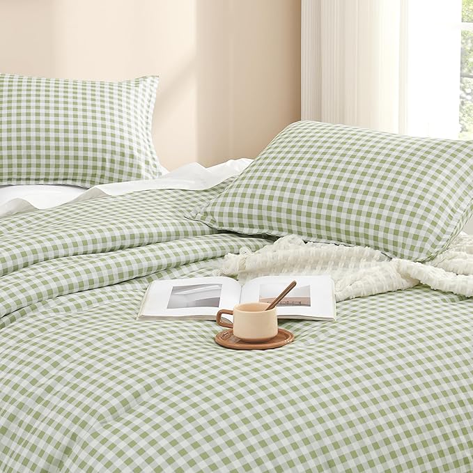 Andency Sage Gingham Comforter Set Full(79x90Inch), Green Checkered Grid Plaid Buffalo Bed Set for Girls Boys Kids Teens, 3 Pieces Lightweight Microfiber Geometric Preppy Bedding