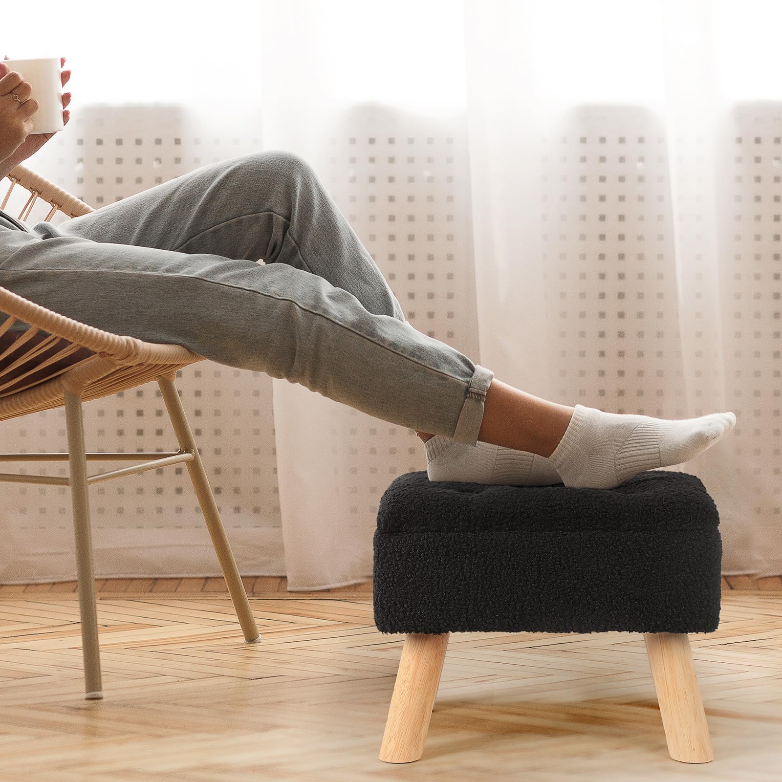 OGEMXU Storage Ottoman, Small Foot Stool Ottoman with Storage, Boucle Teddy Velvet Foot Rest with Padded Seat, Sturdy Wood Legs Stool for Living Room, Bedroom, Couch, Enterway (Cream) Dormly