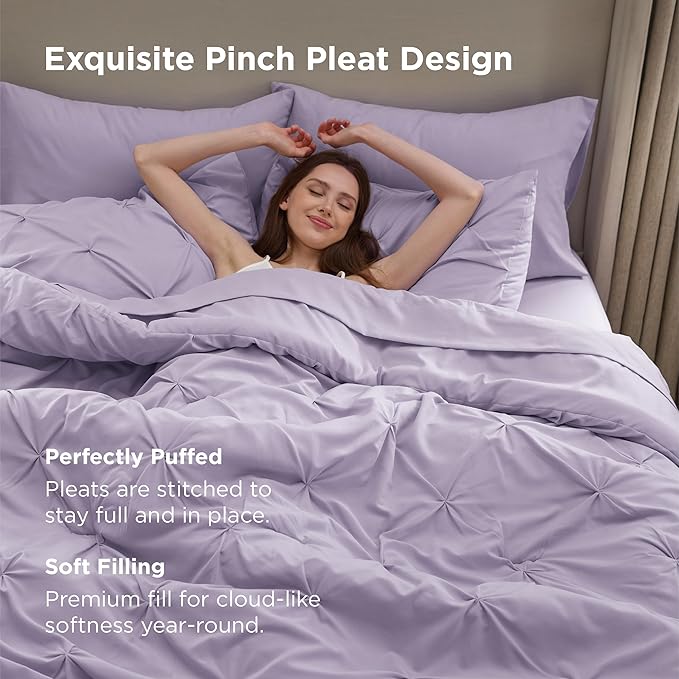 Bedsure Full Comforter Set Light Purple - Bed in a Bag Full Size Bedding Set 7 Pieces, GentleSoft™ Pintuck Bed Set Gift for Family, Pinch Pleat All Season Comforter with Sheets, Pillowcases & Shams