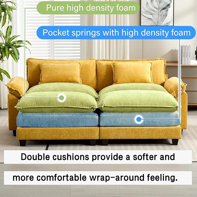 86" Modular Sectional Sofa, Comfy Cloud Couch Sectional Sofa with Ottoman, Chenille Sofa Sleeper Deep Seat Sofa with Throw Pillows for Living Room (Yellow)