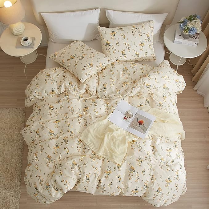 HighBuy 3 Pieces Duvet Cover Full Size White Duvet Cover with Green Floral Print,Soft Cotton Comforter Cover Boho Style,Aesthetic Full Bedding Set with Zipper Closure 4 Ties,All Season