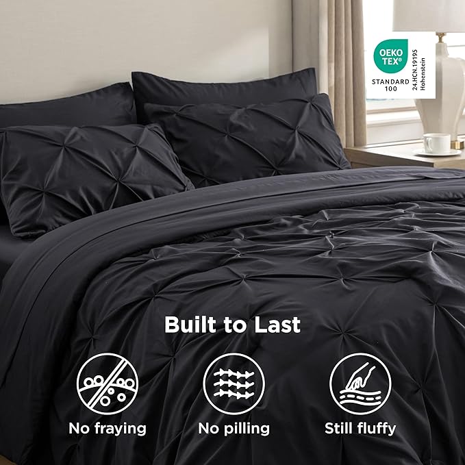 Bedsure Full Comforter Set Black - Bed in a Bag Full Size Bedding Set 7 Pieces, GentleSoft™ Pintuck Bed Set Gift for Family, Pinch Pleat All Season Comforter with Sheets, Pillowcases & Shams