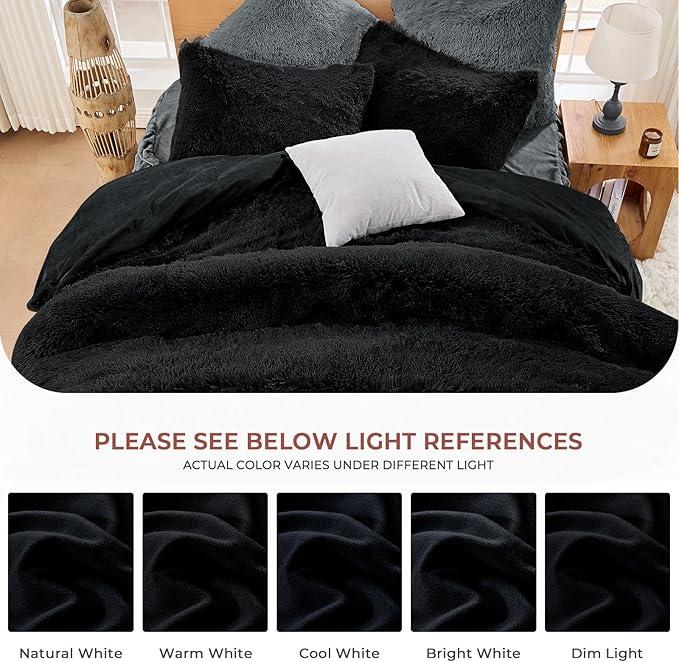 Sasttie 3-Piece Fluffy Duvet Cover Queen, Ultra Soft Faux Fur and Velvet Black Comforter Cover, Luxury Fuzzy Bedding Sets for Winter Bed, Includes 1 Duvet Cover and 2 Pillowcases, No Comforter