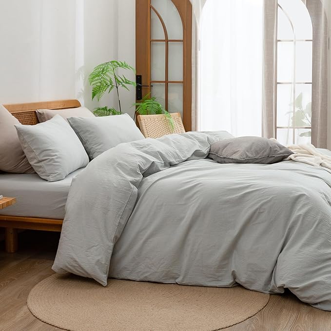 BESTOUCH Duvet Cover Set 100% Washed Cotton Linen Feel Super Soft Comfortable Chic Lightweight 3 PCs Home Bedding Set Solid Northern Droplet Grey Oversized King