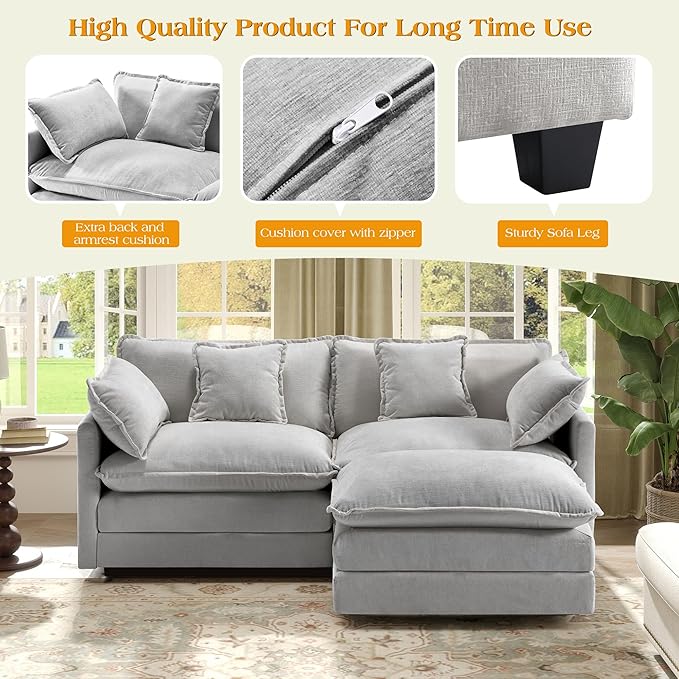 77.6" Modular Sectional Sofa,Loveseat Couch for Living Room, Modern Deep Seat Sofa 2 Seater Chenille Fabric Comfy Cloud Couches with Throw Pillows & Ottoman for Apartment,Small Spaces