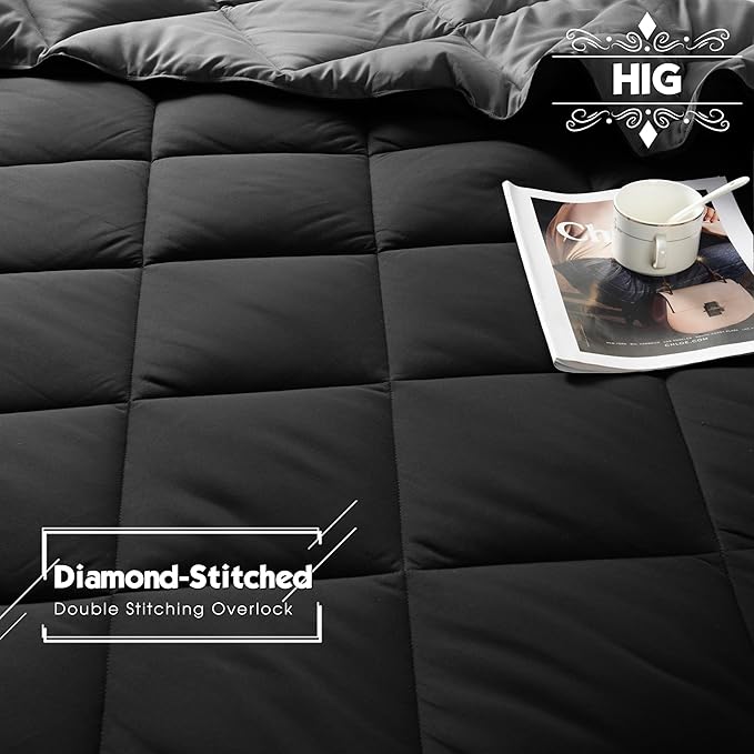 HIG 3pc Black King Size Comforter Set -All Season Reversible Down Alternative Comforter with Two Shams -Quilted Duvet Insert with Corner Tabs - Diamond Stitched Blanket - Breathable, Soft, Fluffy