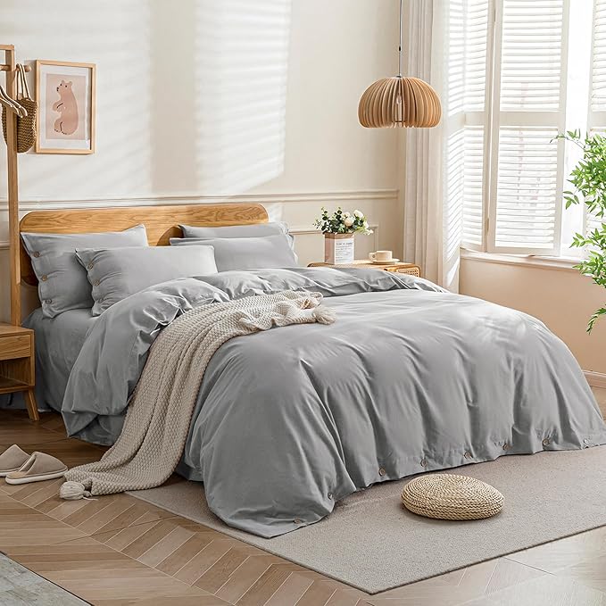 JELLYMONI Cotton Duvet Cover Cal King Size - Light Gray Comforter Cover with Button 100% Washed Cotton 3PCS Breathable Soft Solid Bedding Set Duvet Cover 104×98in & 2 Pillowcases (NO Comforter)