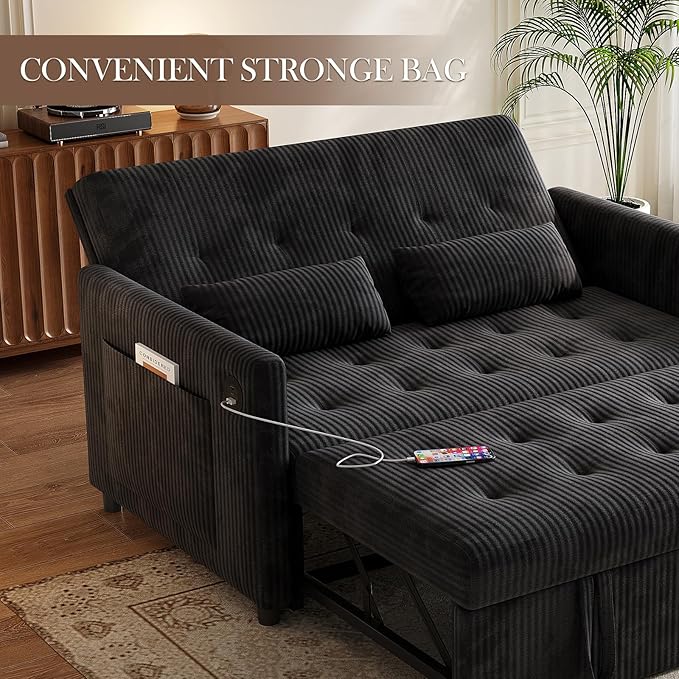 Sofa Bed, Loveseat 3-in-1 Sleeper Sofa with Pull Out Bed, Pockets and USB, Modern 2 Seater Convertible Small Couch for Living Room Bedroom Apartment (Black, Corduroy)
