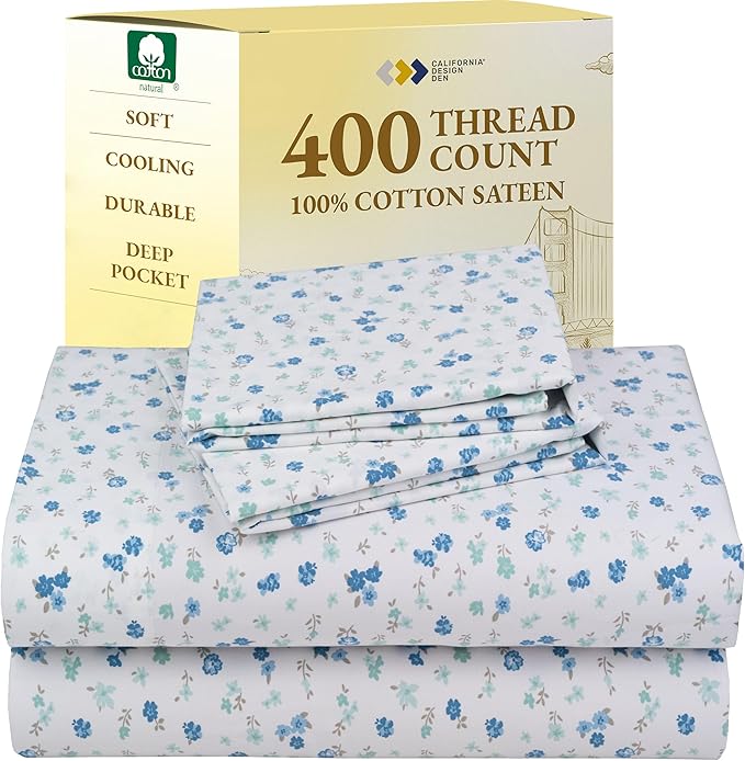 California Design Den Floral Pattern King Size Sheets Set - 400 Thread Count, Soft Sateen, Natural 100% Cotton Sheets, Deep Pockets, and Durable Bedding Set - Blooming Meadows CaliforniaDesignDen