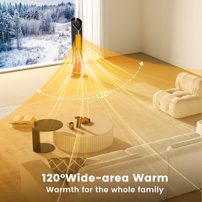 VCJ 28" Space Heaters with Humidifier, 12H Timer Electric Heater for Indoor Use, Remote, 120° Oscillation, Overheat & Tip-Over Protection, Quiet Portable Tower Heater for Bedroom Living Room Garage