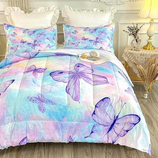 CVHOUSE Butterfly Queen Comforter Set for Girls Teens - 3 Pcs 1 Comforter and 2 Pillowcases with Butterfly Bedspread, Duvet and Quilt