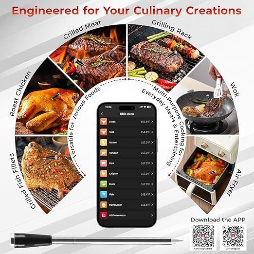 LNN Smart Bluetooth Wireless Meat Thermometer with Probe | Long Range Digital Thermometer for BBQ, Grill, Oven & Smoker | Waterproof, Real-Time Monitoring | for Steak, Chicken, Turkey, Kitchen