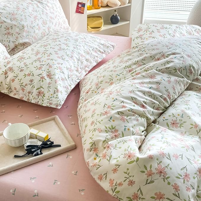 MKXI Garden Floral Comforter King Peach Blossom Pink White Floral Comforter Set for Girls Botanical Bedding Comforter Pink Flowers Print Comforter Vintage Farmhouse Bed Comforters, MKB02QianyK