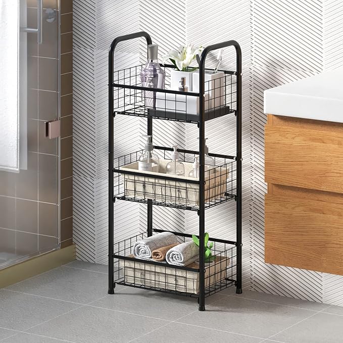 3-Tier FreeStanding Open Shelf,Bathroom Organizer Shelves Unit with Adjustable Feet, Metal Steel Storage Tower Organizer Rack Basket Cart for Bathroom, Living Room, Balcony, Kitchen